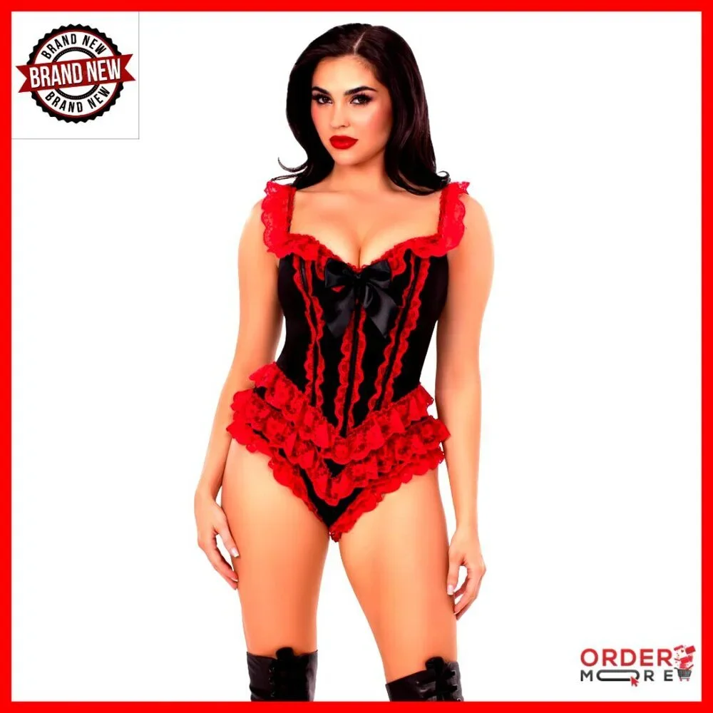 Boned Ruffle Bodysuit with Bow Accent, Sweetheart Neckline, Lace Trim
